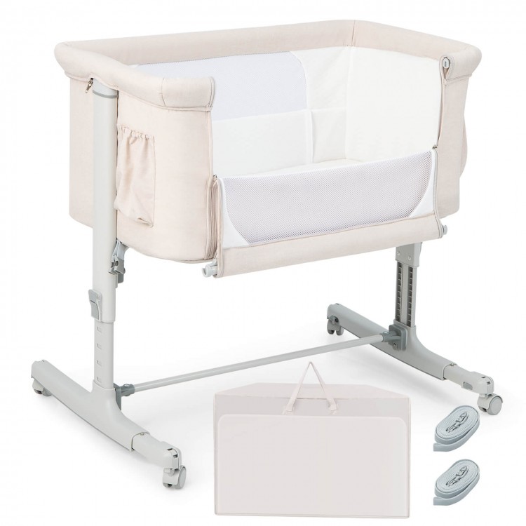 Portable Baby Bedside Bassinet with 5-level Adjustable Heights and Travel Bag-BeigeCostway Gallery View 1 of 10